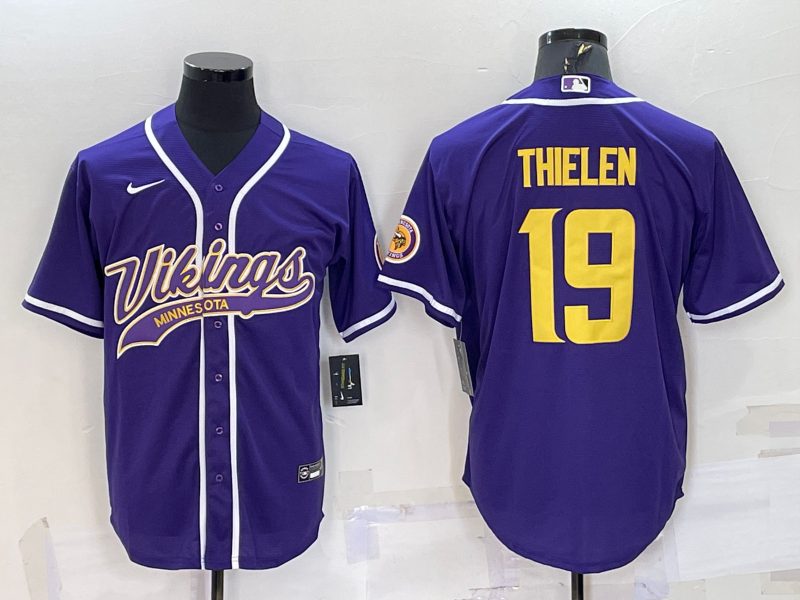 Men's Purple Gold Minnesota Vikings #19 Adam Thielen With Patch Cool Base Stitched Baseball Jersey